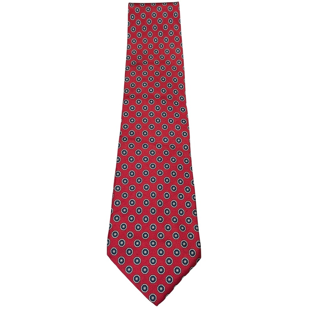 Marc Jeffries Tie Mens Red Blue‎ Silk Geometric Medallion Made in Italy Handmade